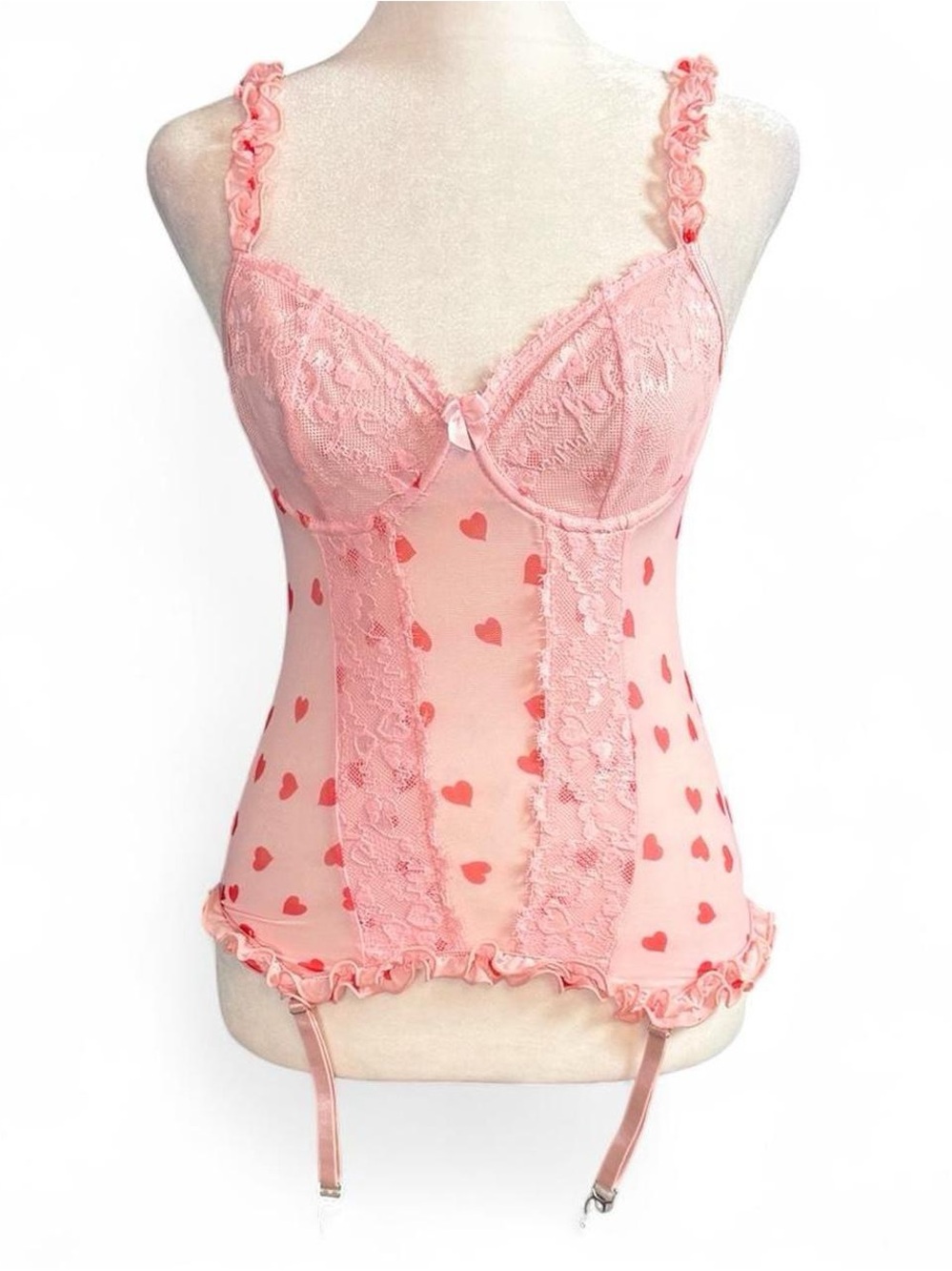 Pink Heart Print Lace Bustier Lingerie Garter Top Size Small Romantic